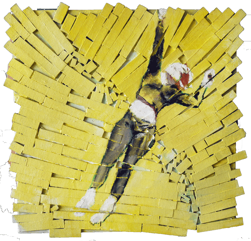 Yellow oil painting of spinning female figure